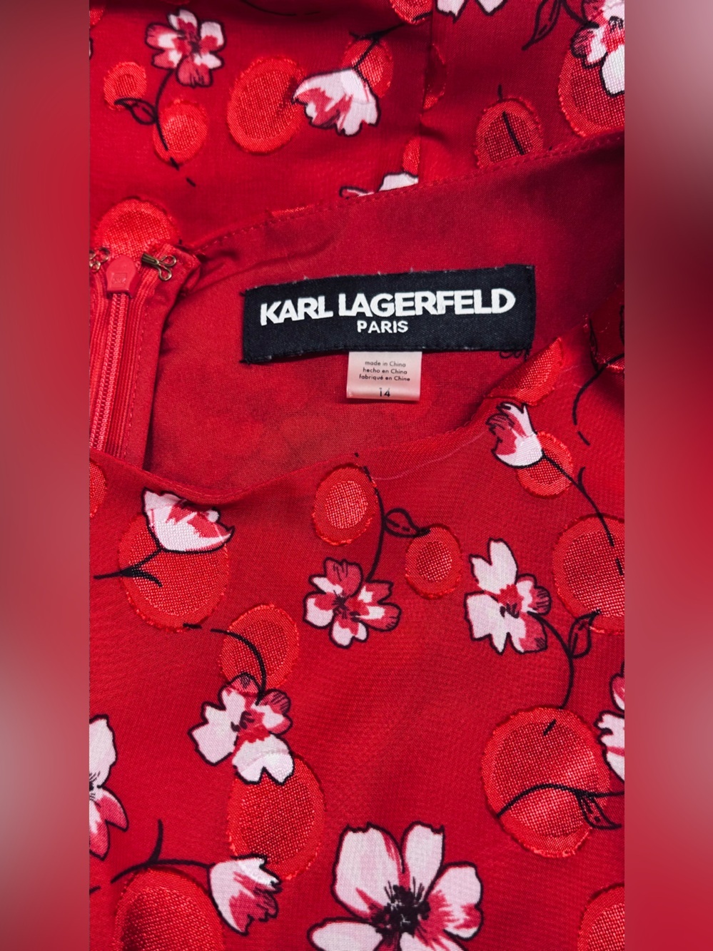 Karl Lagerfeld Paris Red Clip Dot Floral Print Dress Size 14 - Picture 8 of 9